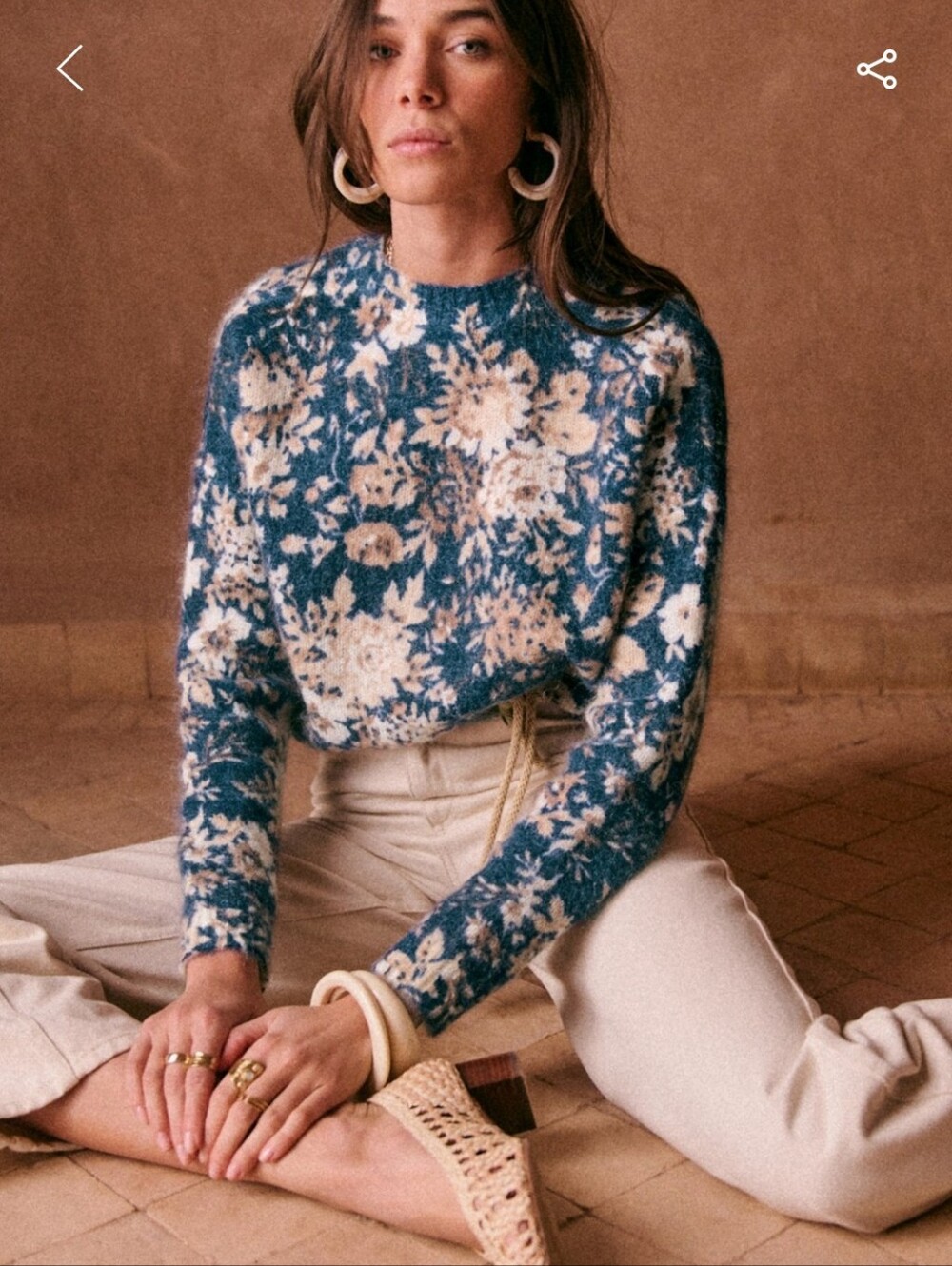 Sezane Azalee Crewneck Sweater in Blue and Cream Floral - Picture 3 of 5